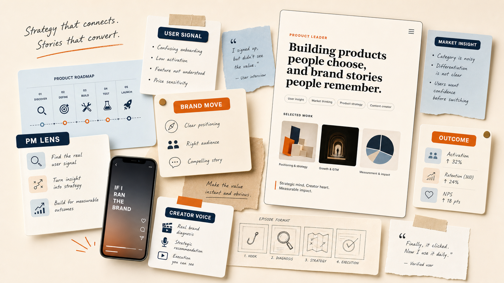 Editorial collage of PM lens, user signal, brand move, creator voice, and outcome artifacts